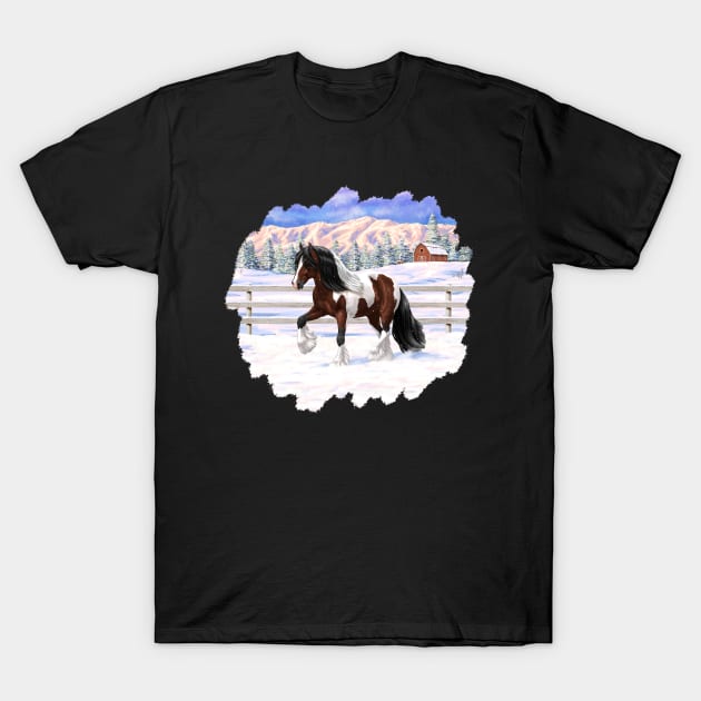 Bay Brown Pinto Skewbald Gypsy Vanner Draft Horse Trotting in Snow T-Shirt by csforest